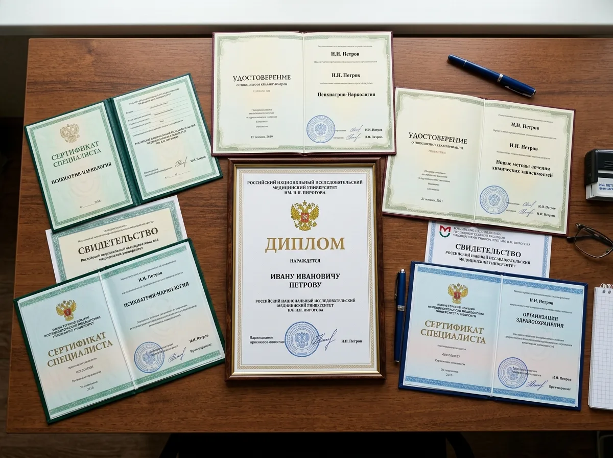Сертификаты специалистов врачей-наркологов, несколько дипломов и свидетельств о повышении квалификации разложены на столе, вид сверху
