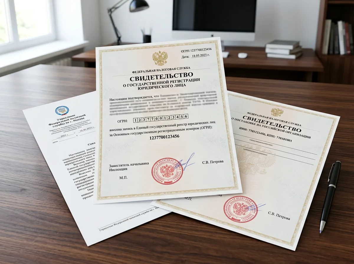 Документ о регистрации ООО, свидетельство ОГРН и ИНН, официальный бланк с печатью налоговой службы России