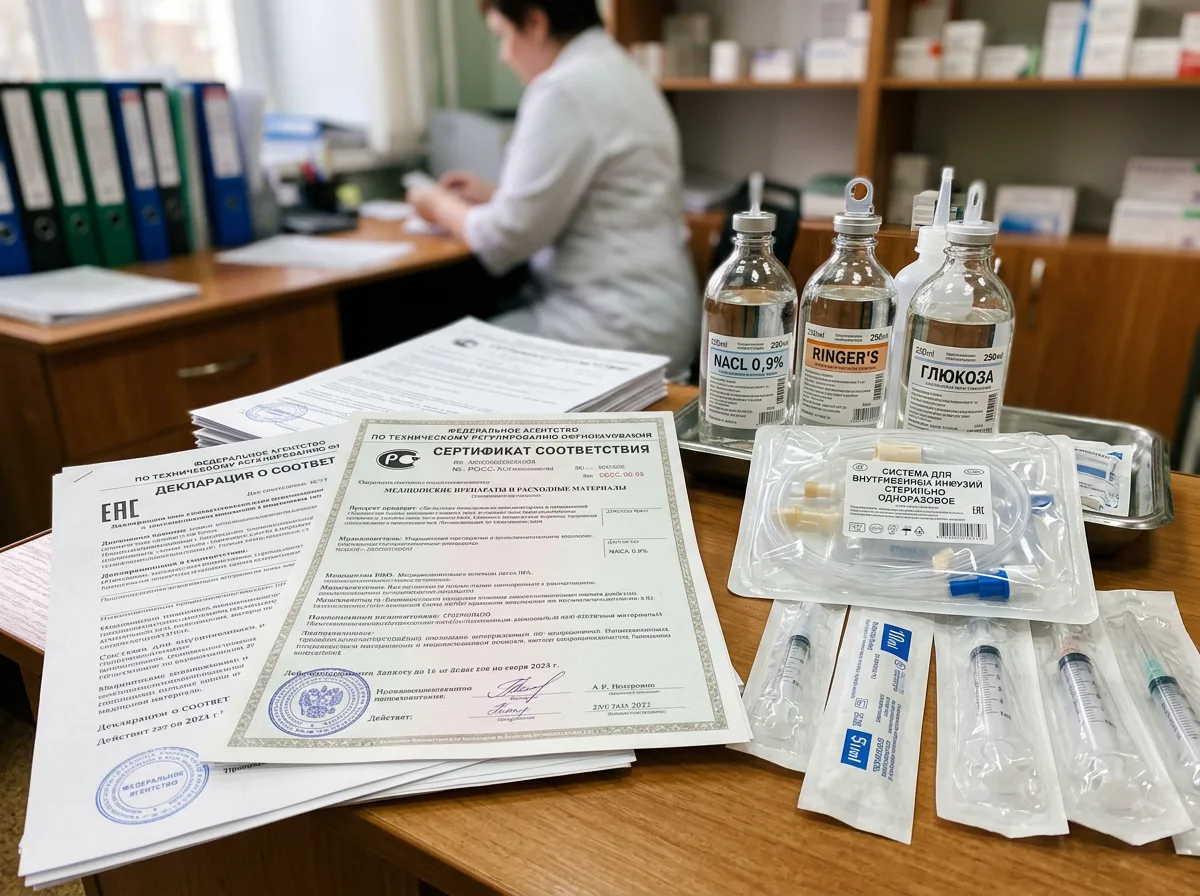 Сертификаты соответствия на медицинские препараты и расходные материалы, флаконы с растворами для капельниц, стерильная упаковка