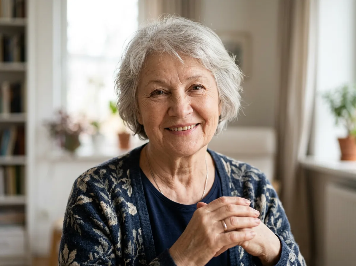 Аватар пожилой женщины около 60 лет, мягкий взгляд, нейтральный фон